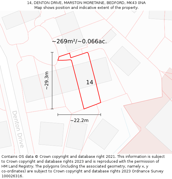 14, DENTON DRIVE, MARSTON MORETAINE, BEDFORD, MK43 0NA: Plot and title map