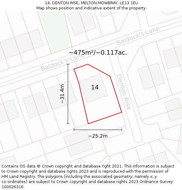 14, DENTON RISE, MELTON MOWBRAY, LE13 1EU: Plot and title map