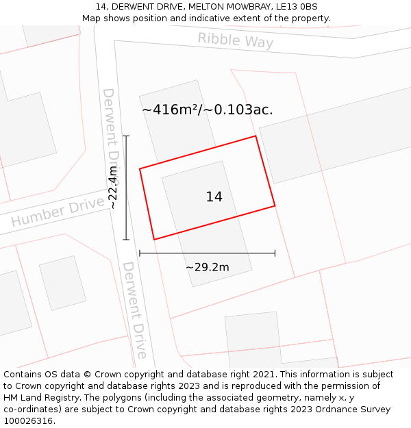 14, DERWENT DRIVE, MELTON MOWBRAY, LE13 0BS: Plot and title map