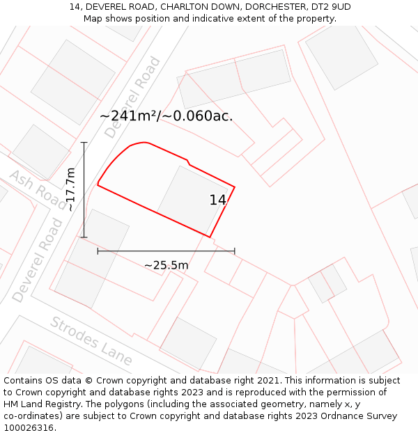 14, DEVEREL ROAD, CHARLTON DOWN, DORCHESTER, DT2 9UD: Plot and title map