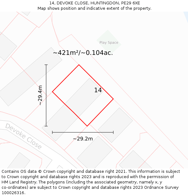 14, DEVOKE CLOSE, HUNTINGDON, PE29 6XE: Plot and title map