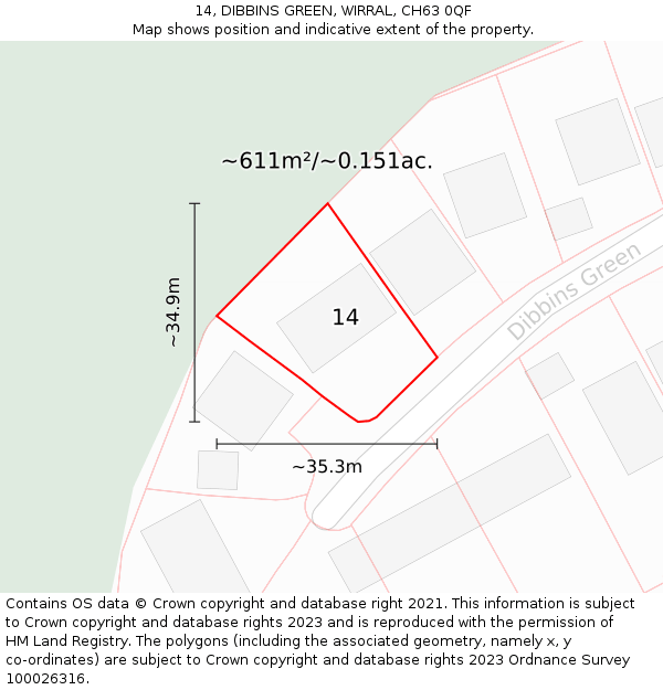 14, DIBBINS GREEN, WIRRAL, CH63 0QF: Plot and title map