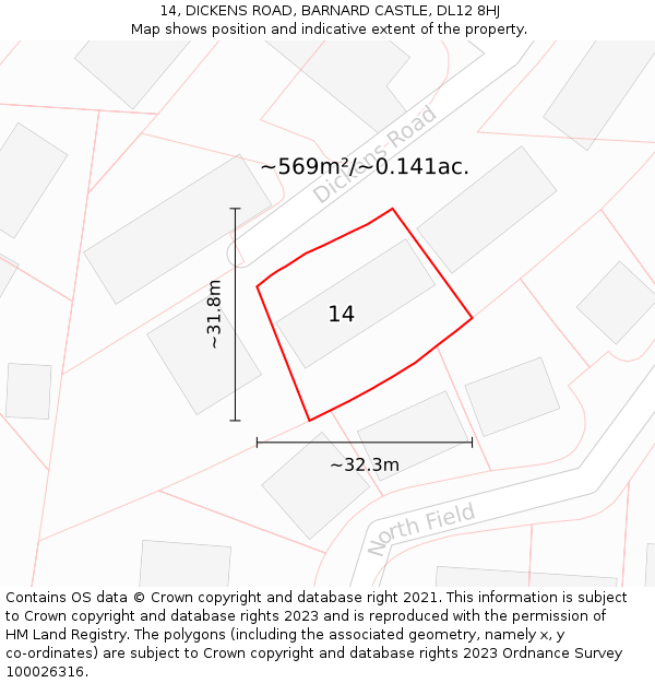 14, DICKENS ROAD, BARNARD CASTLE, DL12 8HJ: Plot and title map