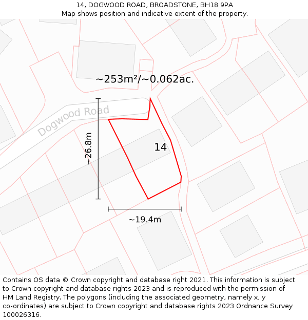 14, DOGWOOD ROAD, BROADSTONE, BH18 9PA: Plot and title map