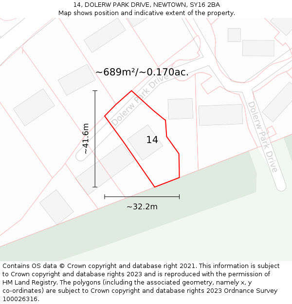 14, DOLERW PARK DRIVE, NEWTOWN, SY16 2BA: Plot and title map