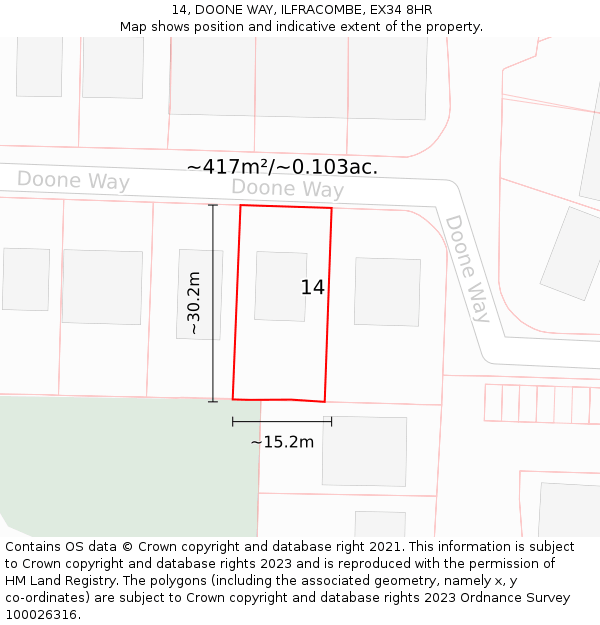 14, DOONE WAY, ILFRACOMBE, EX34 8HR: Plot and title map