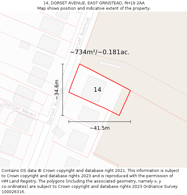 14, DORSET AVENUE, EAST GRINSTEAD, RH19 2AA: Plot and title map