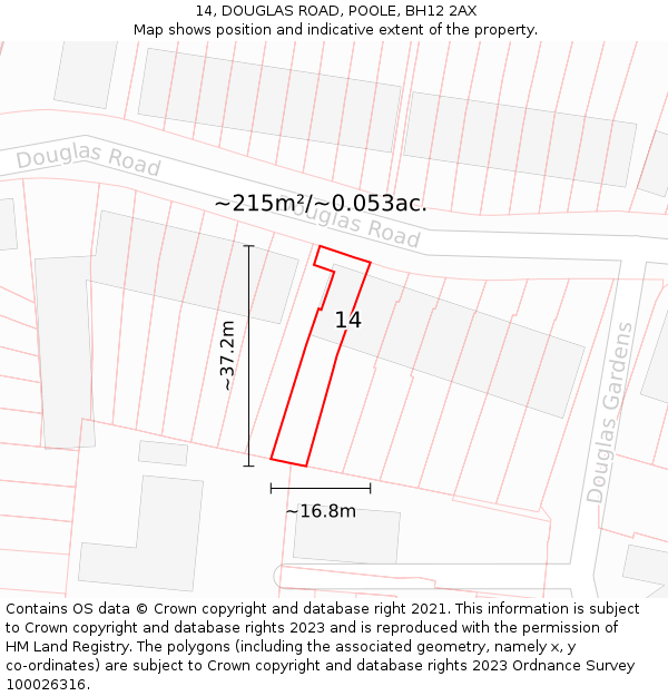 14, DOUGLAS ROAD, POOLE, BH12 2AX: Plot and title map