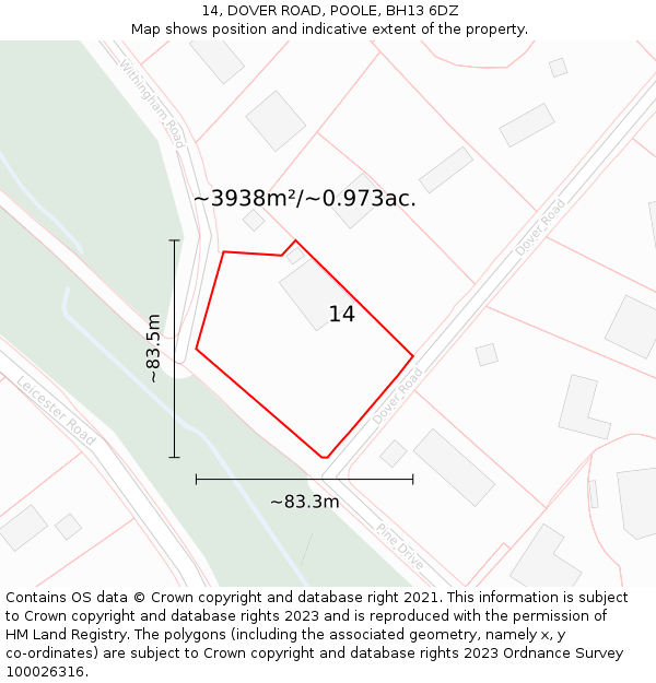 14, DOVER ROAD, POOLE, BH13 6DZ: Plot and title map