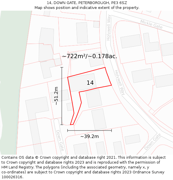 14, DOWN GATE, PETERBOROUGH, PE3 6SZ: Plot and title map