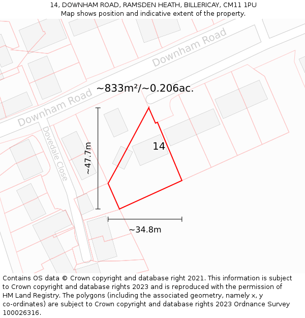 14, DOWNHAM ROAD, RAMSDEN HEATH, BILLERICAY, CM11 1PU: Plot and title map