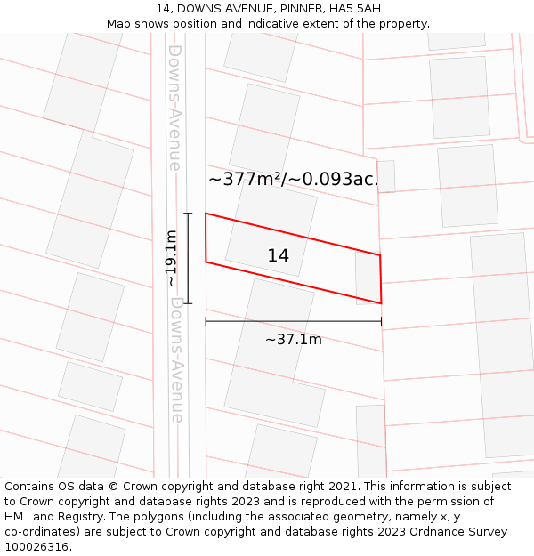 14, DOWNS AVENUE, PINNER, HA5 5AH: Plot and title map