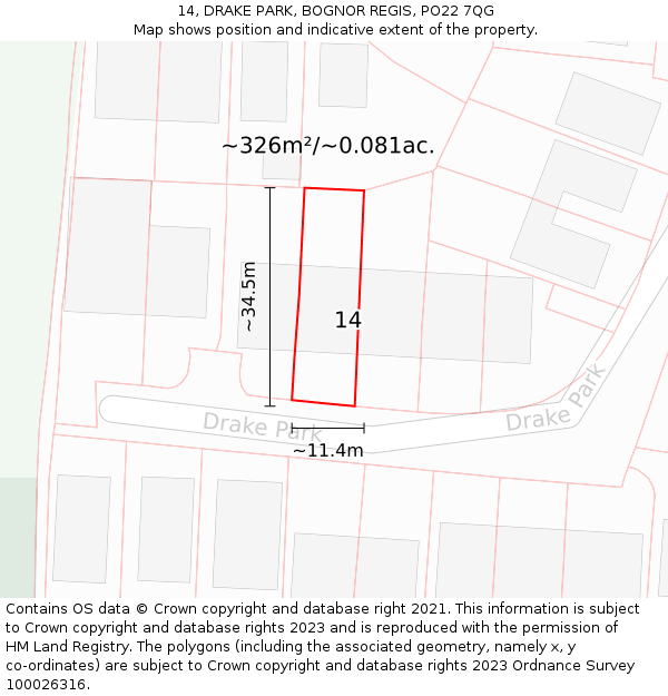 14, DRAKE PARK, BOGNOR REGIS, PO22 7QG: Plot and title map