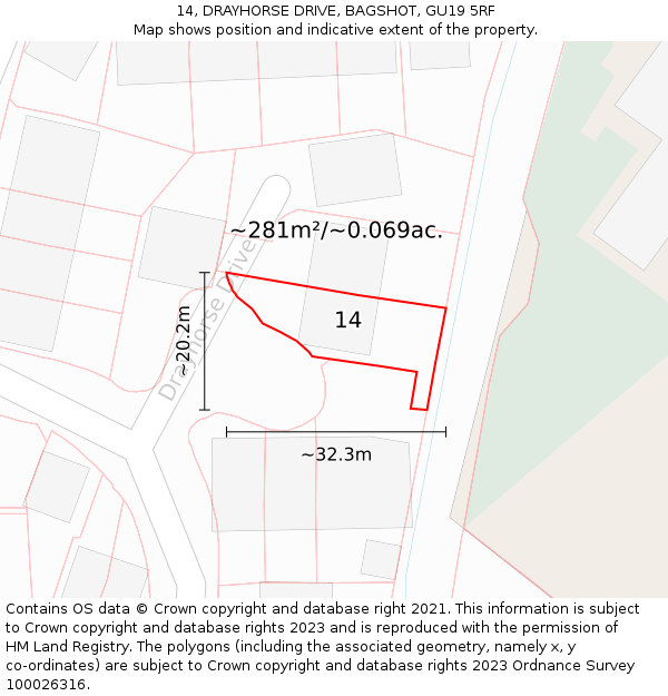 14, DRAYHORSE DRIVE, BAGSHOT, GU19 5RF: Plot and title map