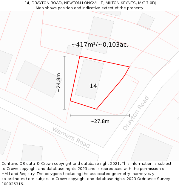 14, DRAYTON ROAD, NEWTON LONGVILLE, MILTON KEYNES, MK17 0BJ: Plot and title map