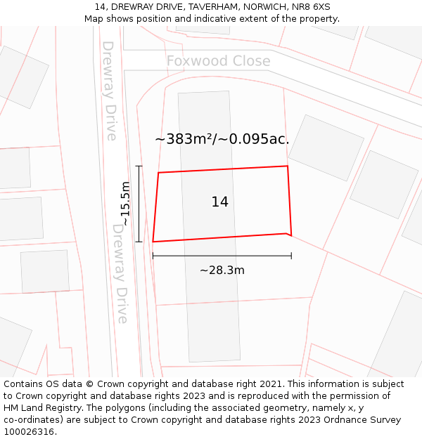 14, DREWRAY DRIVE, TAVERHAM, NORWICH, NR8 6XS: Plot and title map