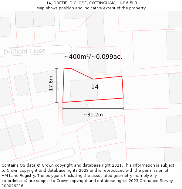 14, DRIFFIELD CLOSE, COTTINGHAM, HU16 5LB: Plot and title map