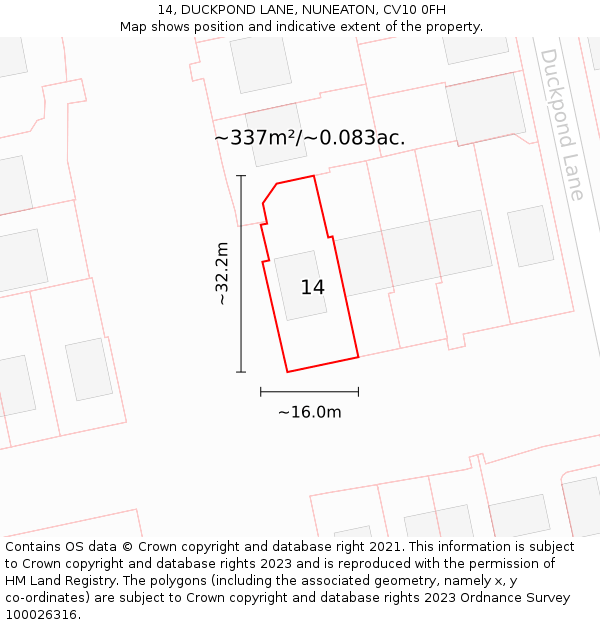 14, DUCKPOND LANE, NUNEATON, CV10 0FH: Plot and title map