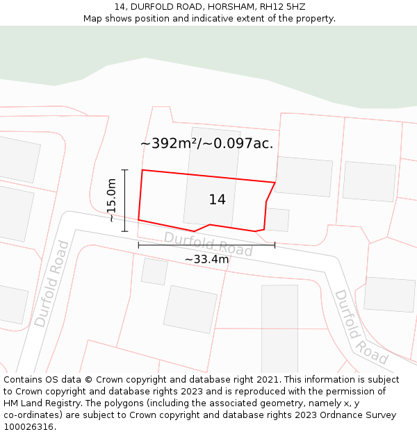 14, DURFOLD ROAD, HORSHAM, RH12 5HZ: Plot and title map