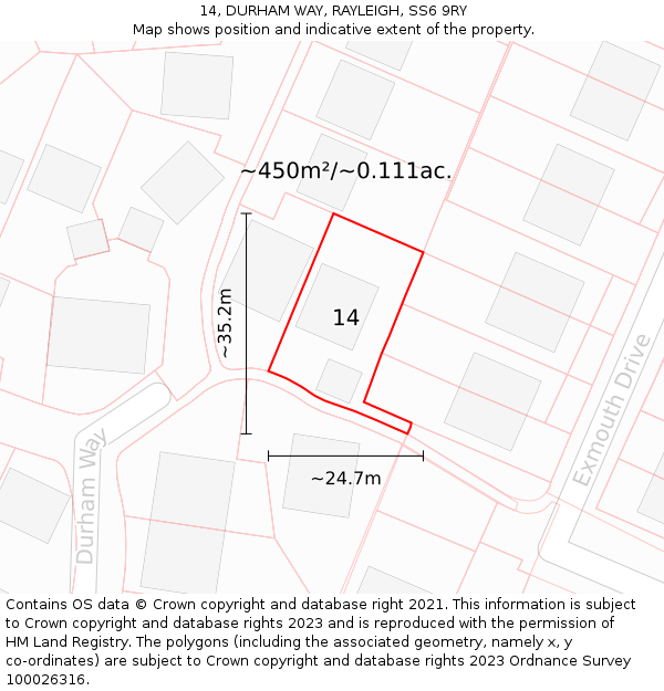 14, DURHAM WAY, RAYLEIGH, SS6 9RY: Plot and title map