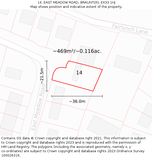 14, EAST MEADOW ROAD, BRAUNTON, EX33 1HJ: Plot and title map