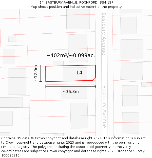 14, EASTBURY AVENUE, ROCHFORD, SS4 1SF: Plot and title map