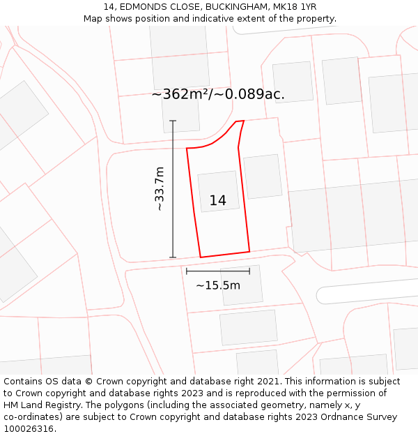 14, EDMONDS CLOSE, BUCKINGHAM, MK18 1YR: Plot and title map