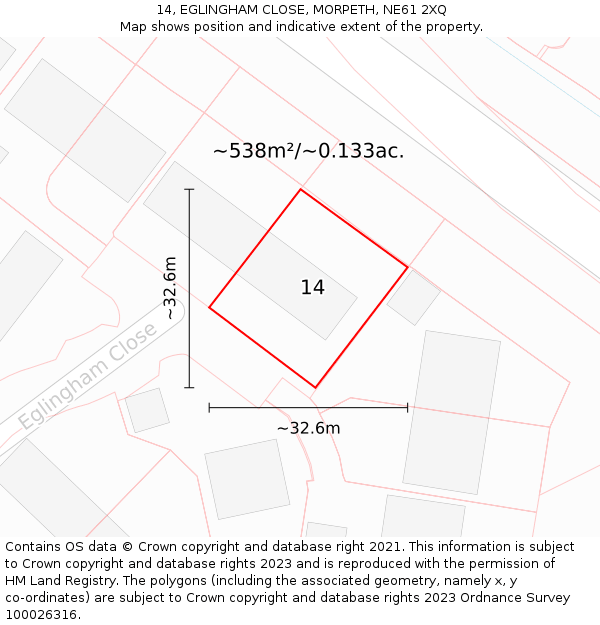 14, EGLINGHAM CLOSE, MORPETH, NE61 2XQ: Plot and title map