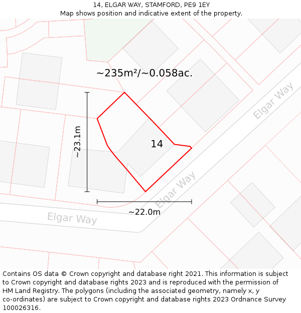 14, ELGAR WAY, STAMFORD, PE9 1EY: Plot and title map