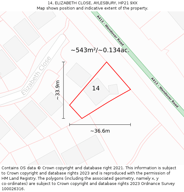 14, ELIZABETH CLOSE, AYLESBURY, HP21 9XX: Plot and title map