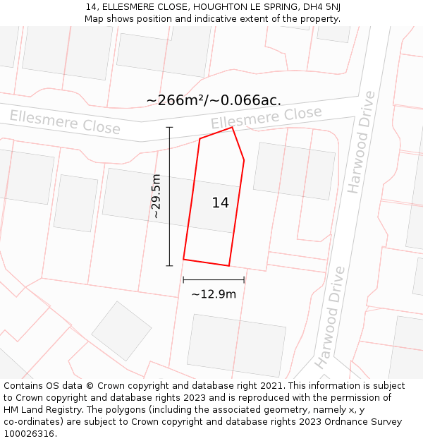 14, ELLESMERE CLOSE, HOUGHTON LE SPRING, DH4 5NJ: Plot and title map