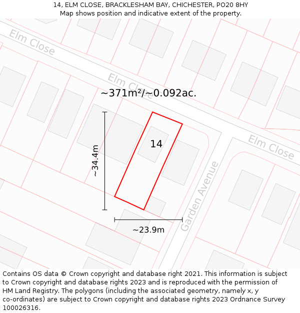 14, ELM CLOSE, BRACKLESHAM BAY, CHICHESTER, PO20 8HY: Plot and title map