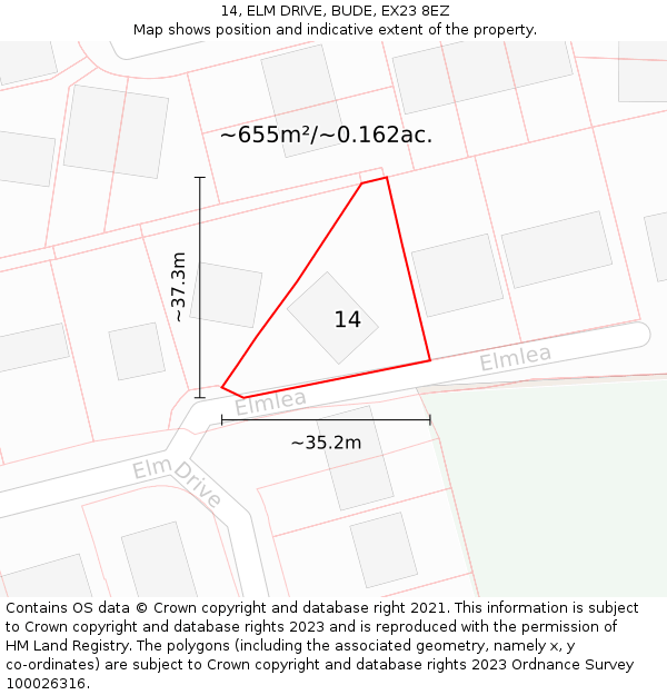 14, ELM DRIVE, BUDE, EX23 8EZ: Plot and title map