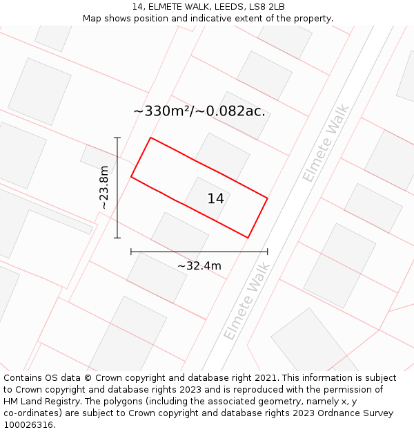 14, ELMETE WALK, LEEDS, LS8 2LB: Plot and title map