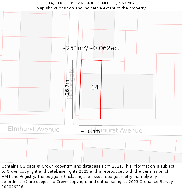 14, ELMHURST AVENUE, BENFLEET, SS7 5RY: Plot and title map