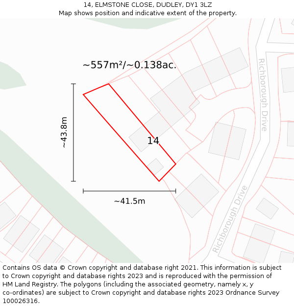 14, ELMSTONE CLOSE, DUDLEY, DY1 3LZ: Plot and title map