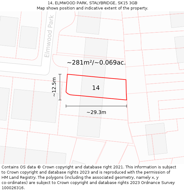 14, ELMWOOD PARK, STALYBRIDGE, SK15 3GB: Plot and title map