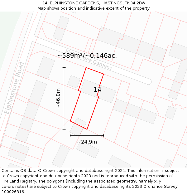 14, ELPHINSTONE GARDENS, HASTINGS, TN34 2BW: Plot and title map