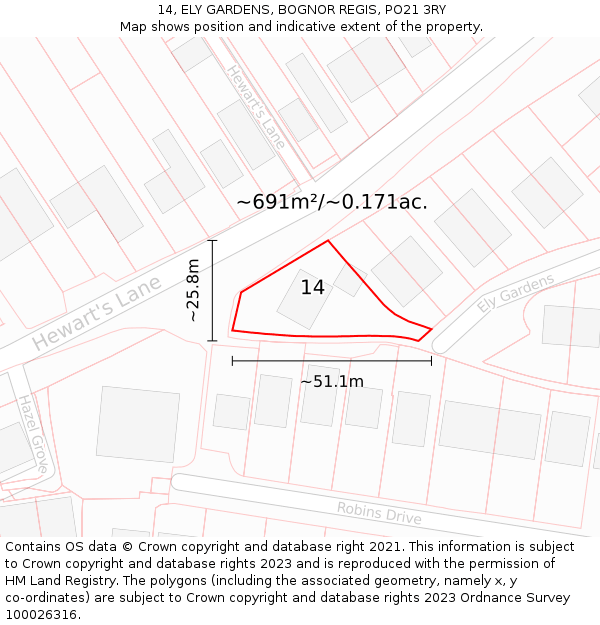 14, ELY GARDENS, BOGNOR REGIS, PO21 3RY: Plot and title map