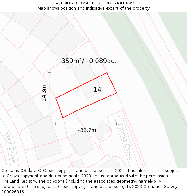 14, EMBLA CLOSE, BEDFORD, MK41 0WR: Plot and title map