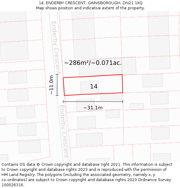 14, ENDERBY CRESCENT, GAINSBOROUGH, DN21 1XQ: Plot and title map