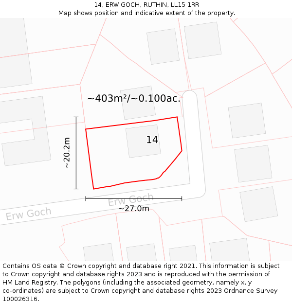 14, ERW GOCH, RUTHIN, LL15 1RR: Plot and title map