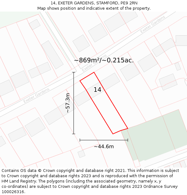 14, EXETER GARDENS, STAMFORD, PE9 2RN: Plot and title map