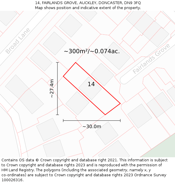 14, FAIRLANDS GROVE, AUCKLEY, DONCASTER, DN9 3FQ: Plot and title map