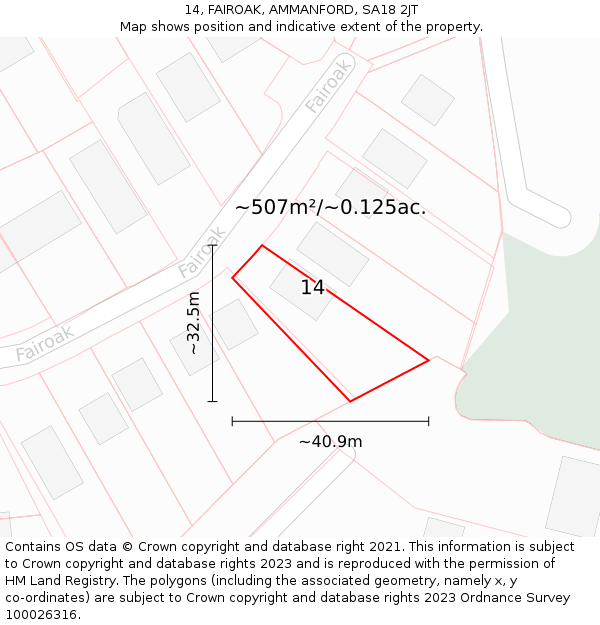 14, FAIROAK, AMMANFORD, SA18 2JT: Plot and title map