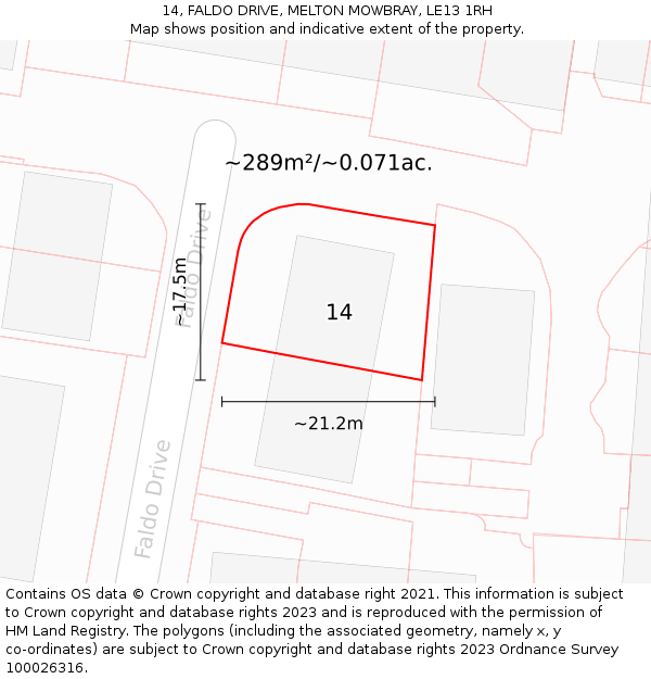 14, FALDO DRIVE, MELTON MOWBRAY, LE13 1RH: Plot and title map