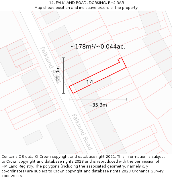 14, FALKLAND ROAD, DORKING, RH4 3AB: Plot and title map