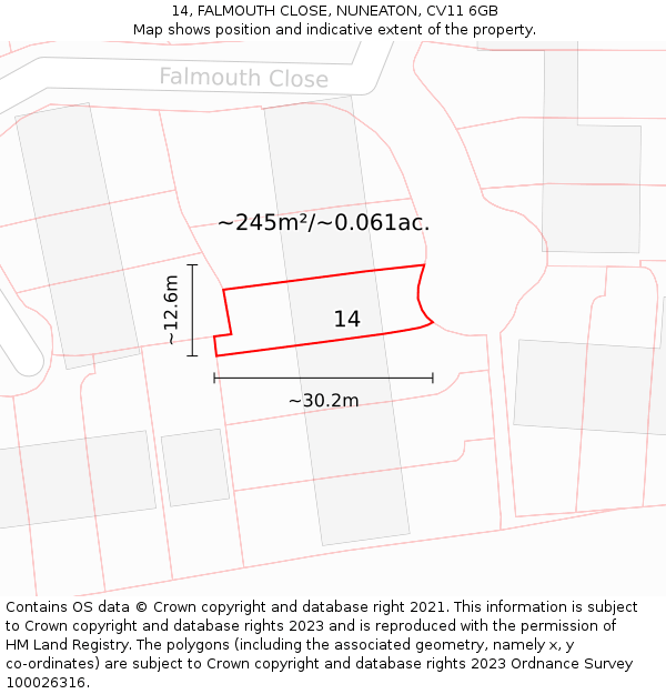 14, FALMOUTH CLOSE, NUNEATON, CV11 6GB: Plot and title map