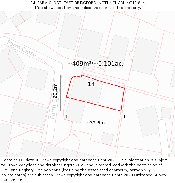 14, FARM CLOSE, EAST BRIDGFORD, NOTTINGHAM, NG13 8LN: Plot and title map