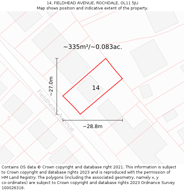 14, FIELDHEAD AVENUE, ROCHDALE, OL11 5JU: Plot and title map